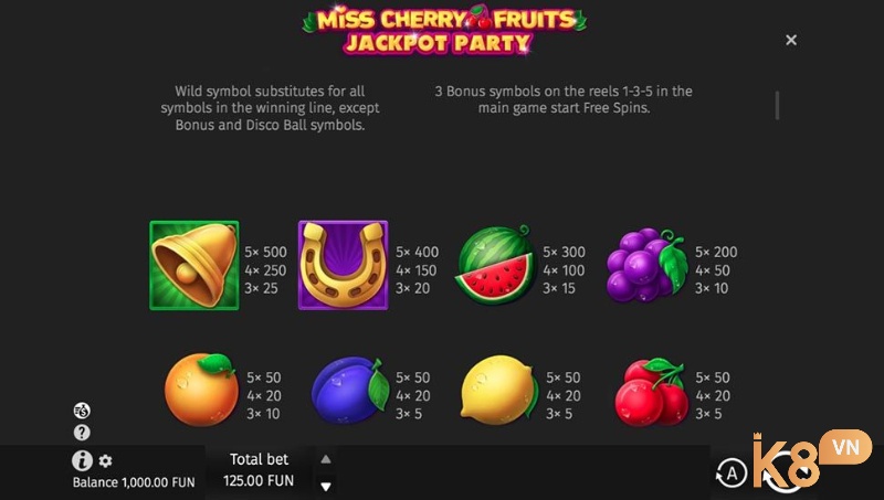 Các biểu tượng trái cây trao thưởng ấn tượng trong Miss Cherry Fruits Jackpot Party Slot